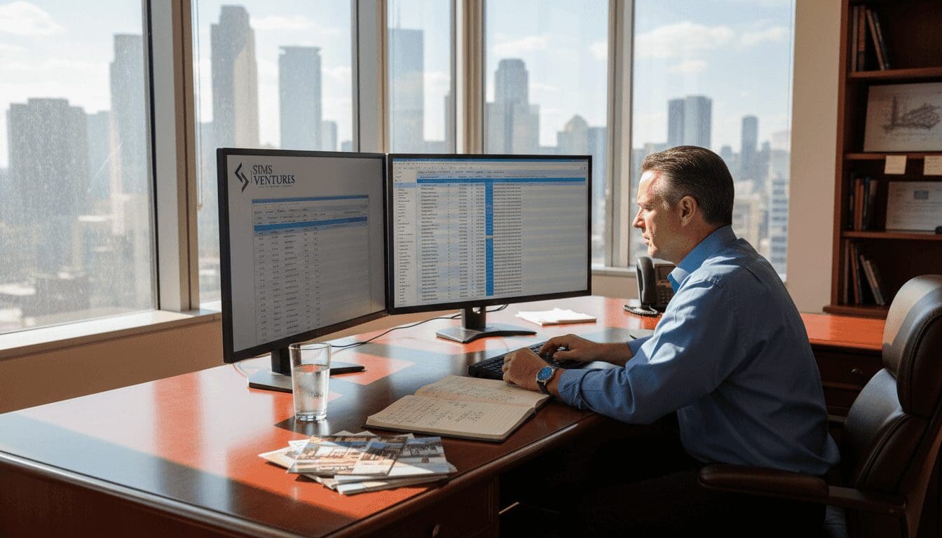 Real estate investor reviewing portfolio in sunlit office