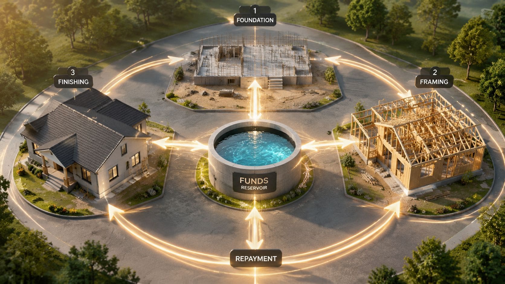 A diagram illustrating a builder line of credit showing project stages connected to a central funds reservoir.
