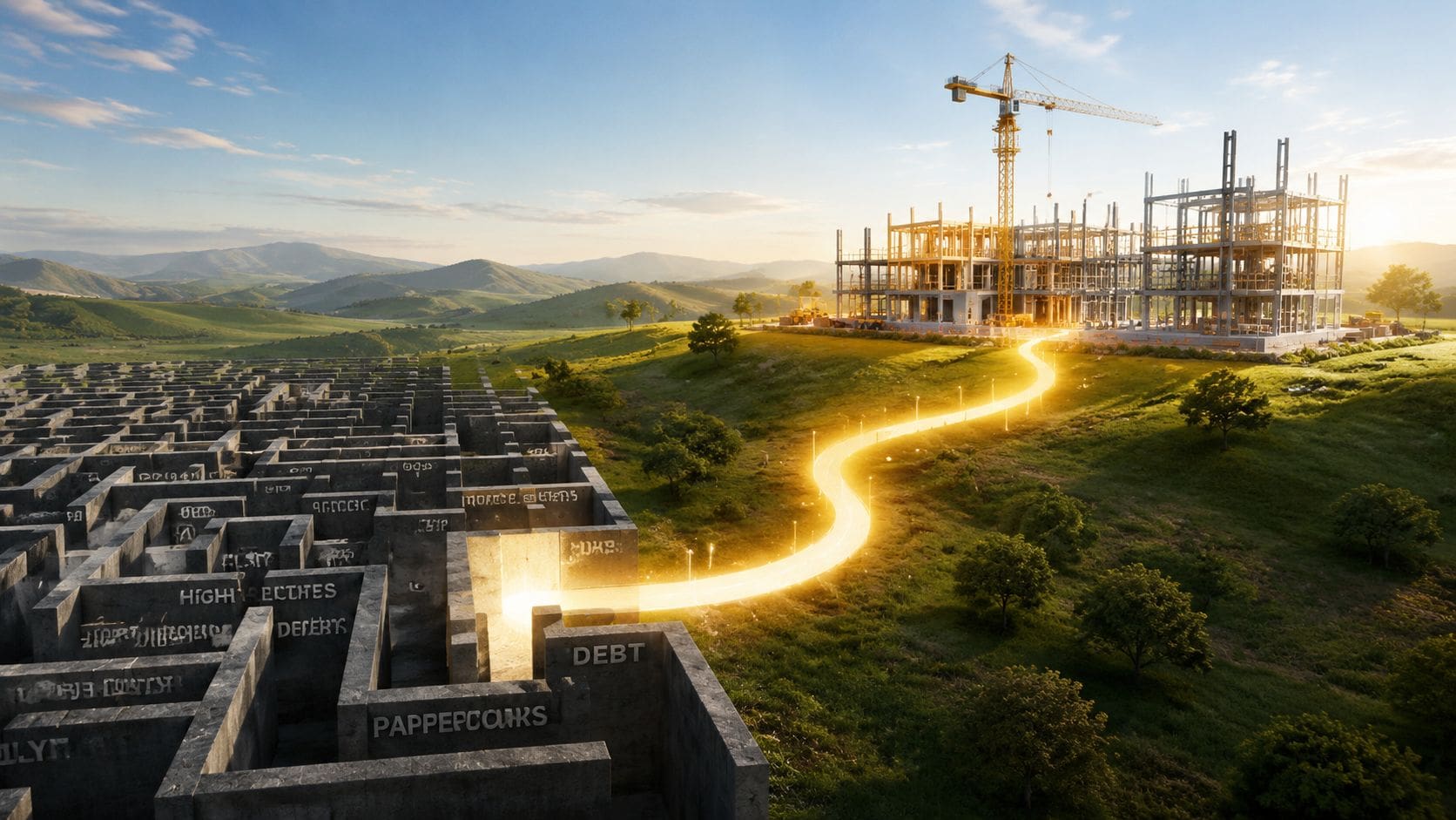 A glowing path leads from a complex stone maze toward a new building under construction.