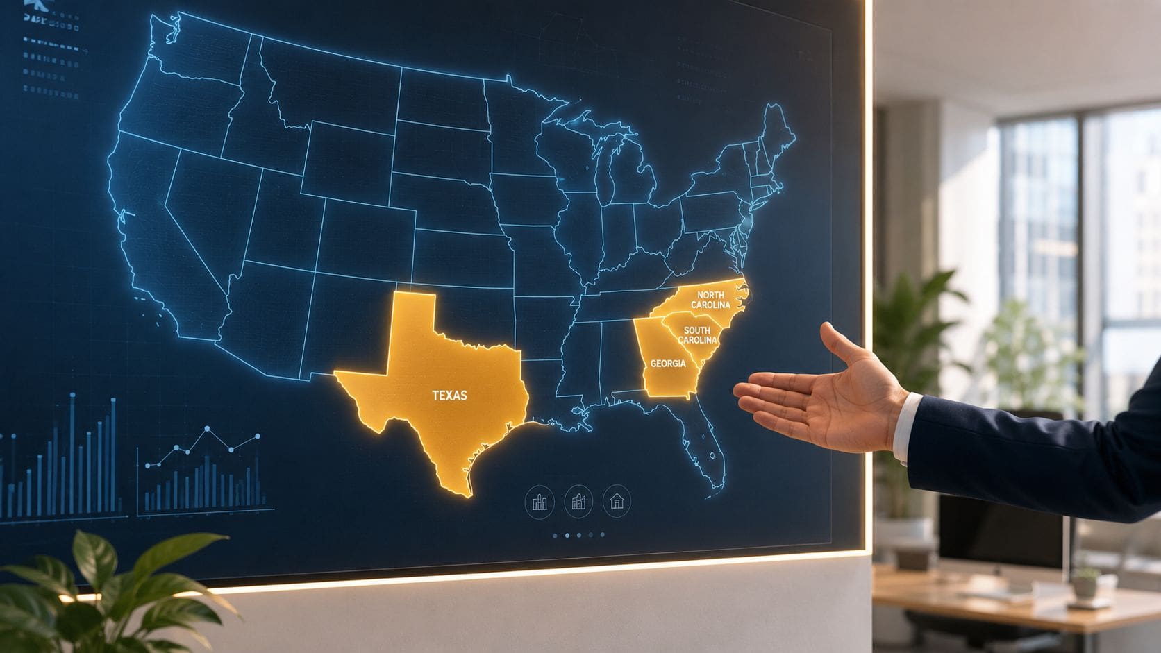 A professional in a suit gestures towards a digital screen displaying a map of the United States.