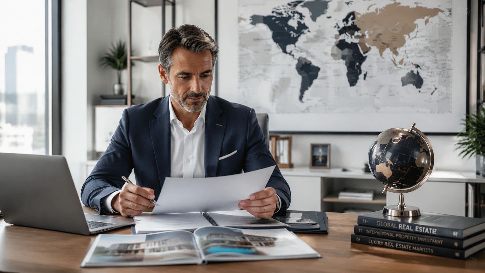 A professional man in a business suit reviewing documents at his office desk with a world map background.