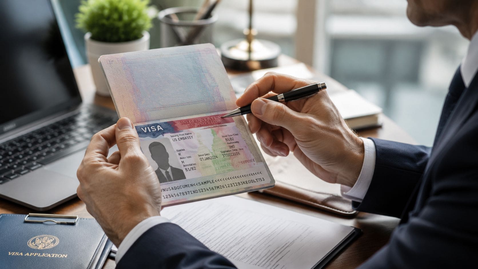 A professional in a suit reviewing a United States visa inside a passport at a desk.