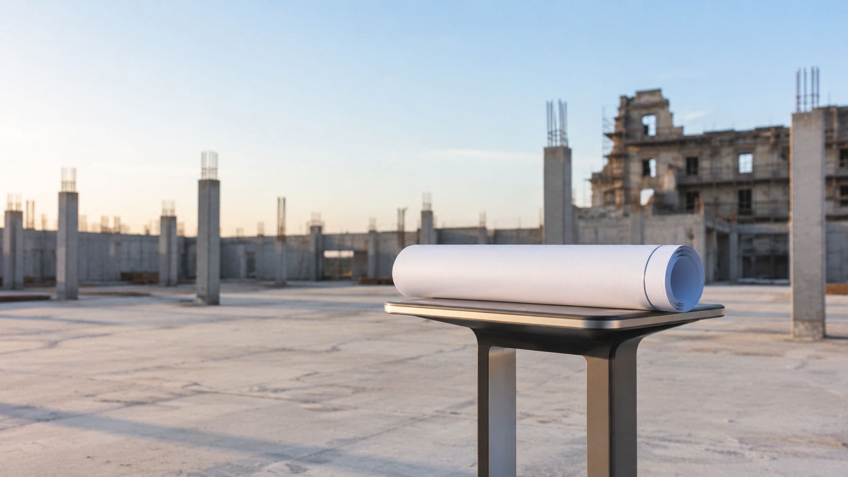 A rolled set of architectural blueprints resting on a modern stand at a sunny construction site.