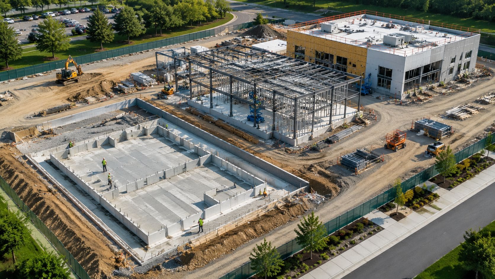An aerial view of a construction site featuring building foundations and a steel structural frame in progress.