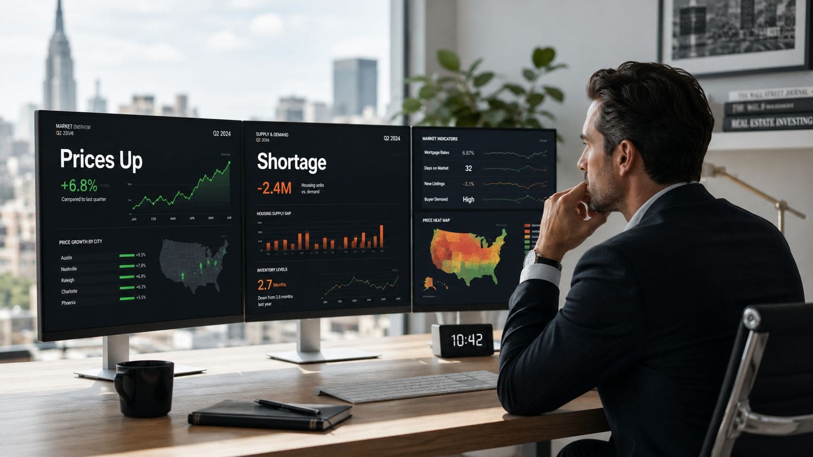 A professional analyzing housing market real estate charts on three computer monitors in a modern office.
