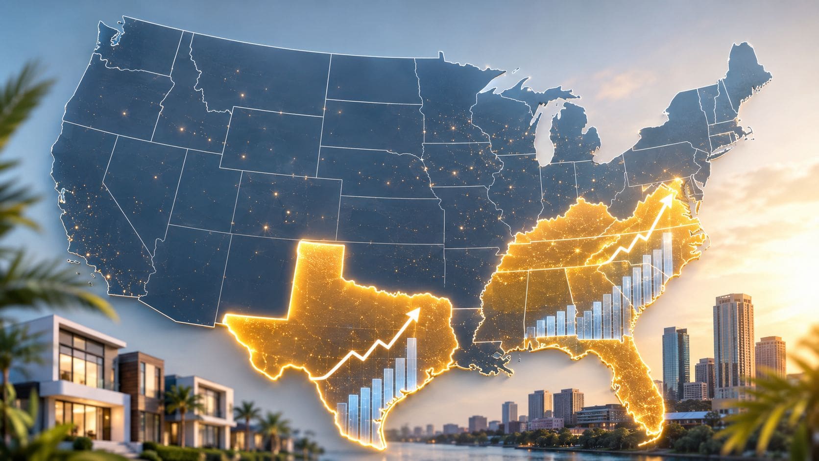 A 3D visualization of the United States map highlighting Texas and the Southeast with growth charts.