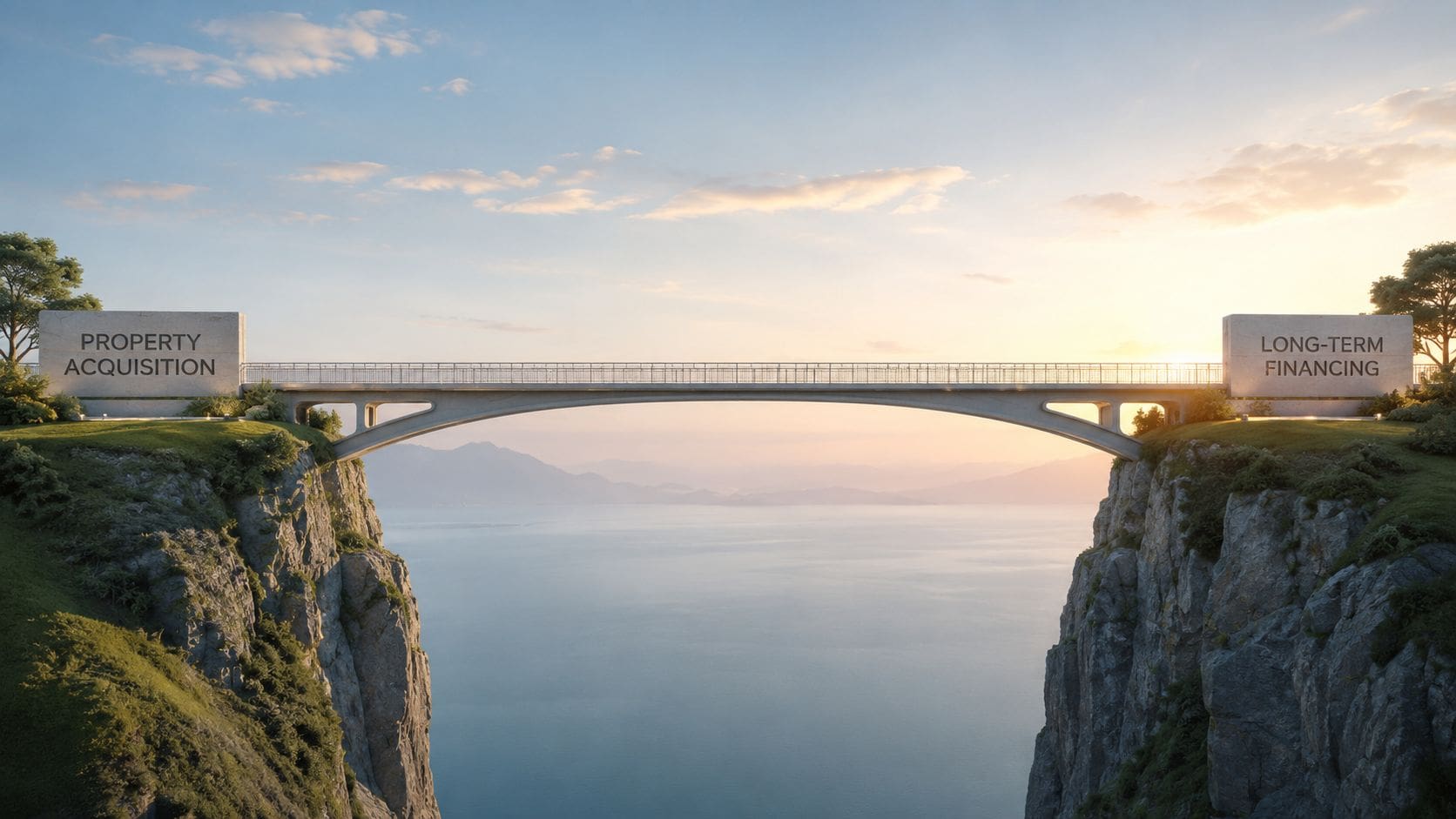 A scenic bridge connecting two cliffs labeled Property Acquisition and Long-Term Financing over a vast ocean.