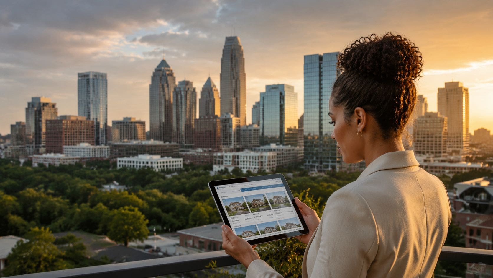 A businesswoman reviews real estate property listings on a digital tablet overlooking a scenic city skyline at sunset.