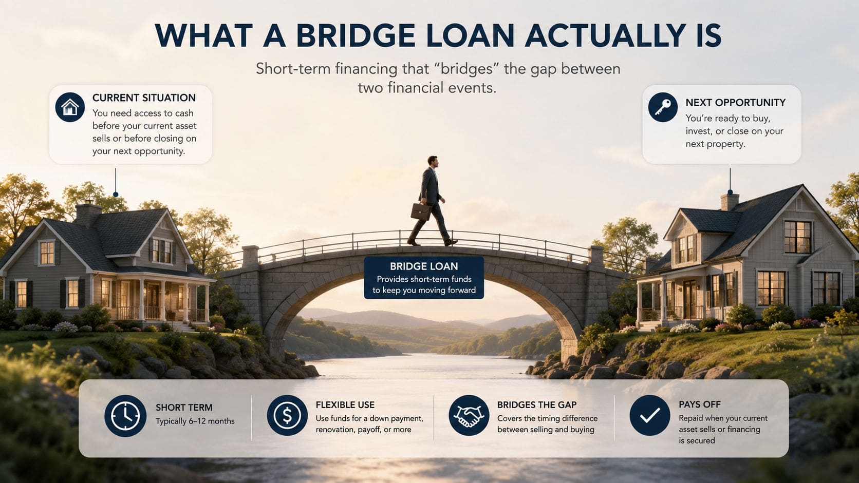 An infographic illustrating how bridge loans provide short-term financing to bridge the gap between financial events.