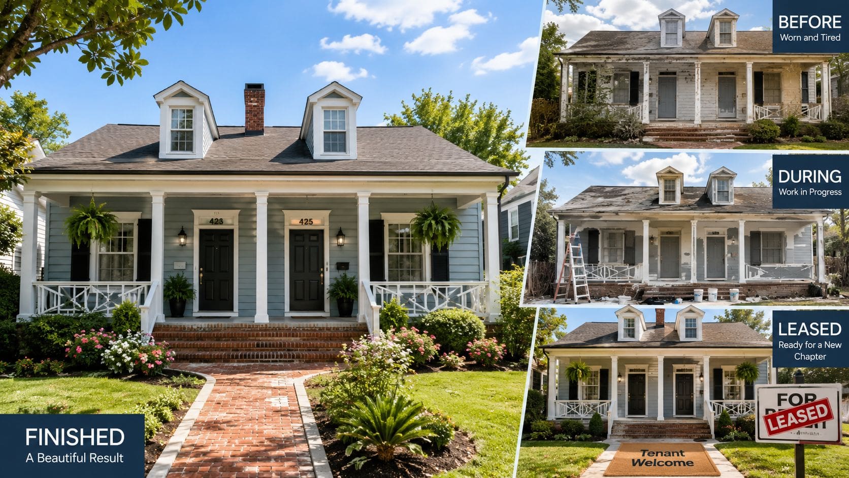 A collage showing the renovation of a duplex house from its worn state to a beautiful result.