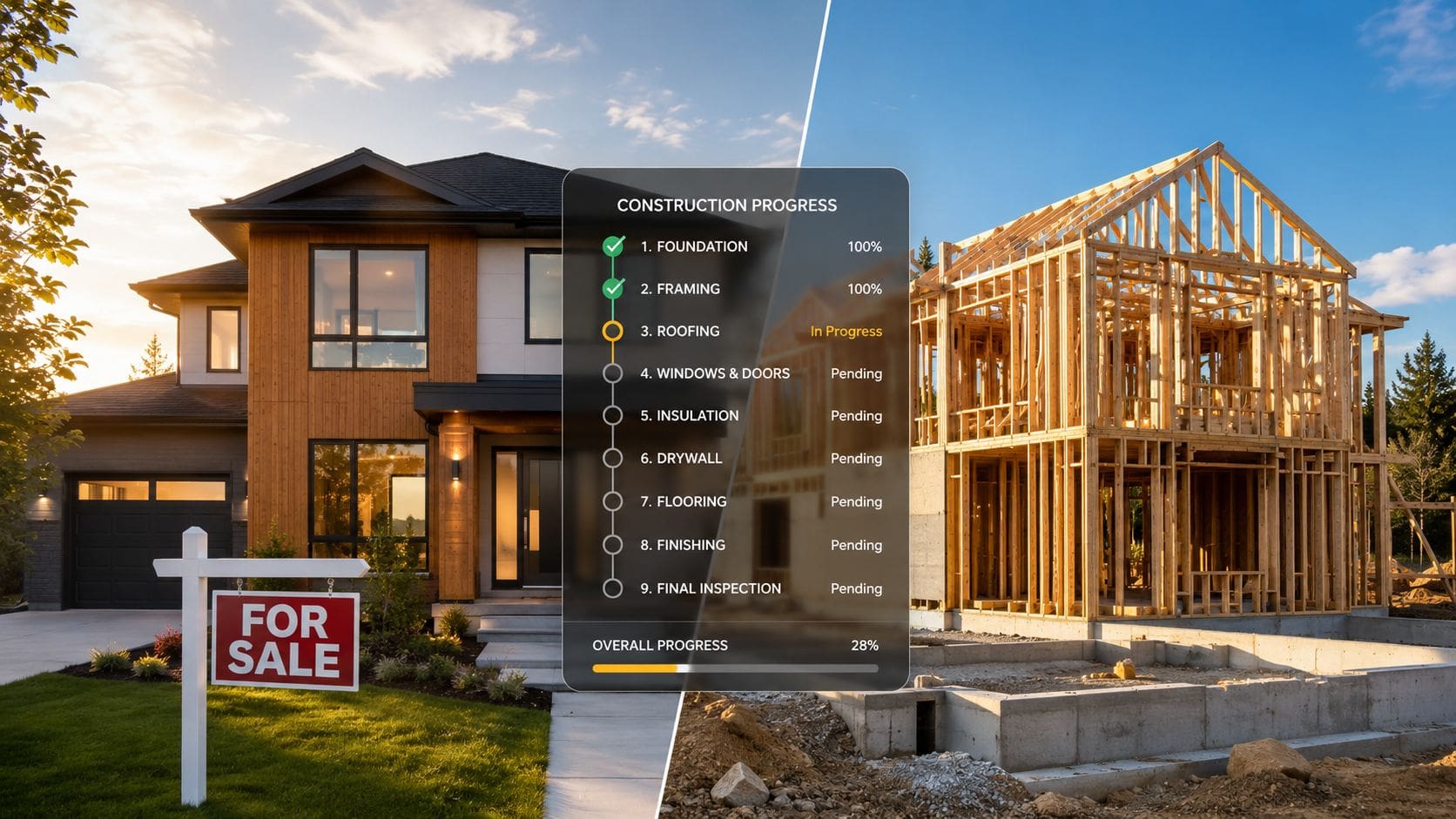 A split screen comparing a completed modern house with a home under construction, showing a project progress tracker.