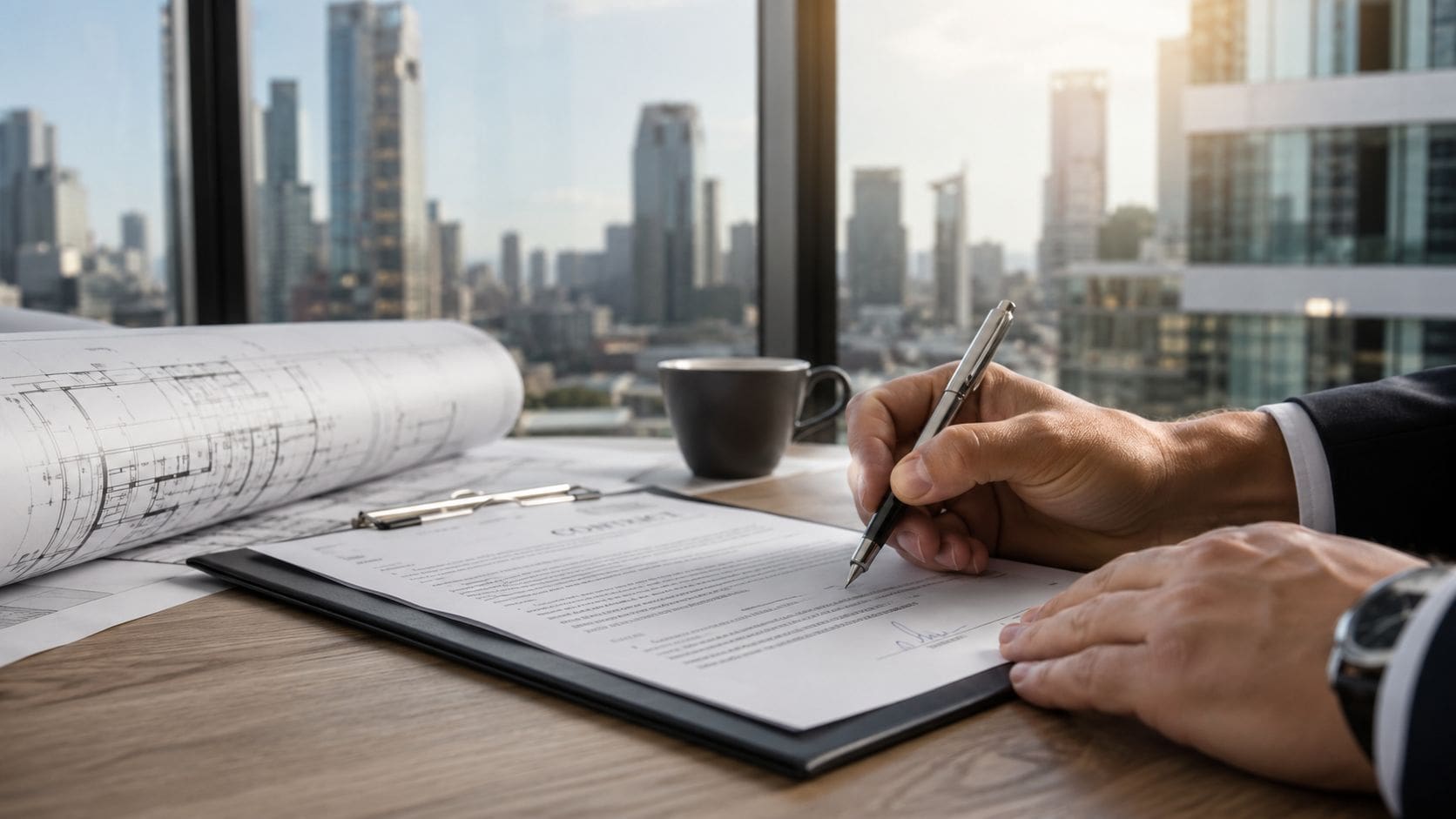 A businessman in a suit signing a construction loan contract at a desk with blueprints.