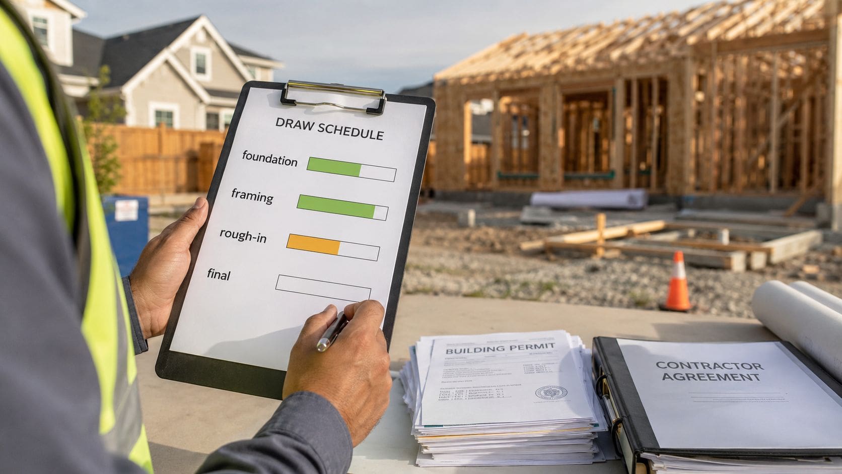 A construction manager holding a clipboard with a draw schedule in front of a new housing project.