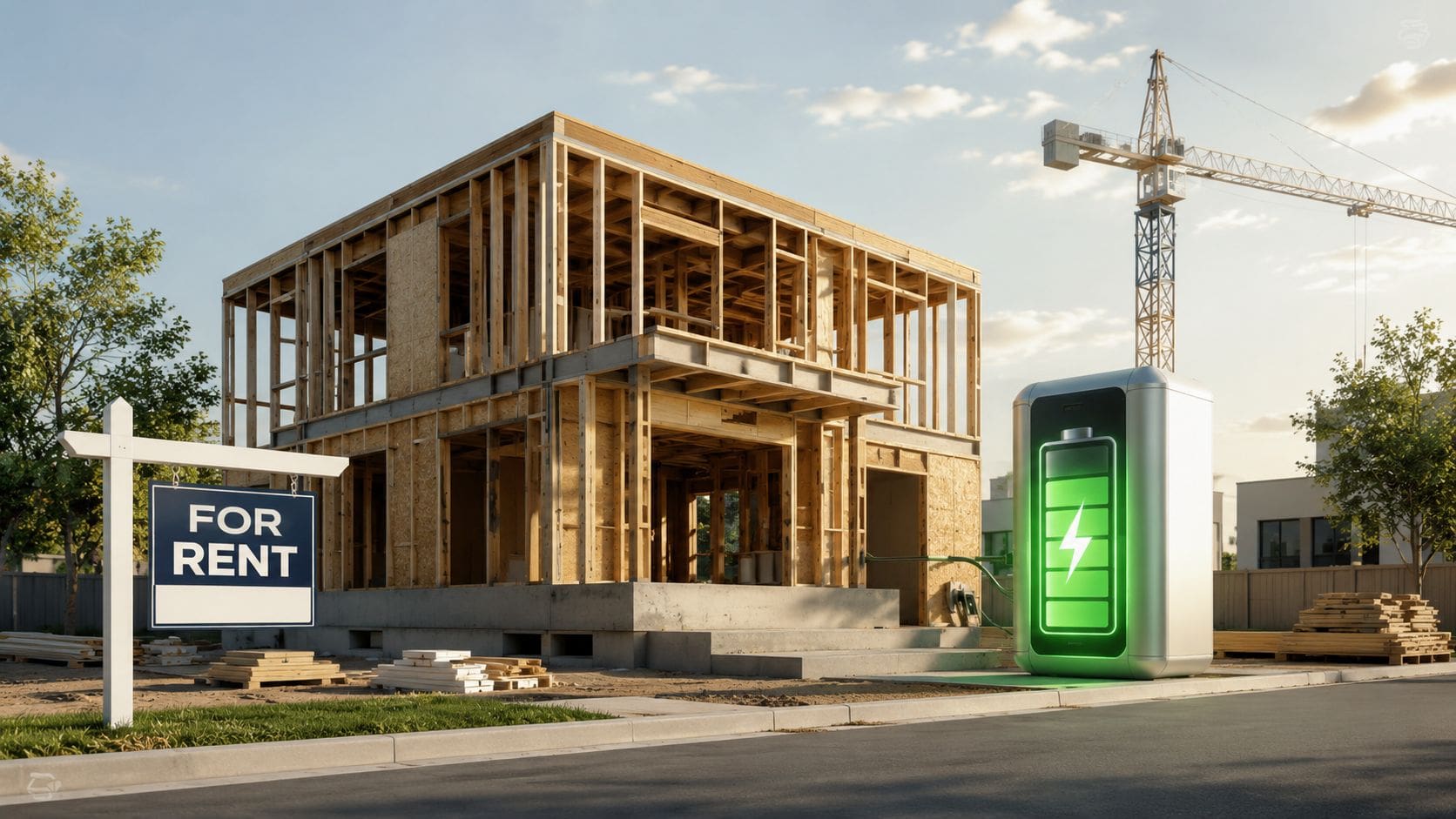 A house under construction with a for rent sign and a large green energy battery unit.