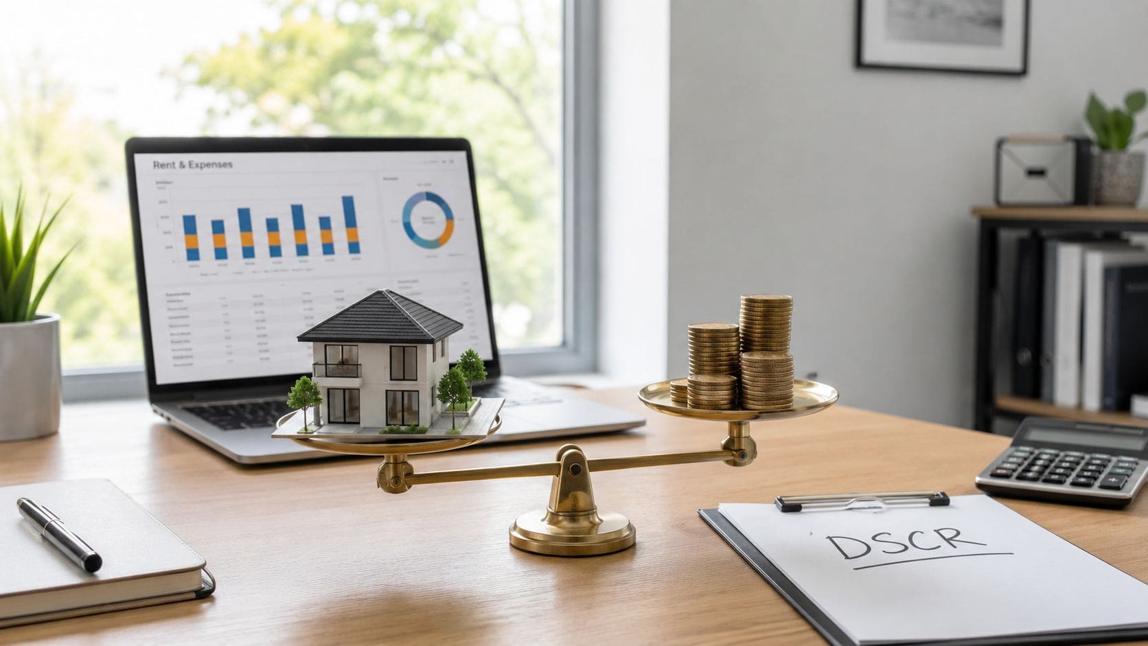 A miniature house and stacked coins balanced on a brass scale on an office desk for real estate finance.