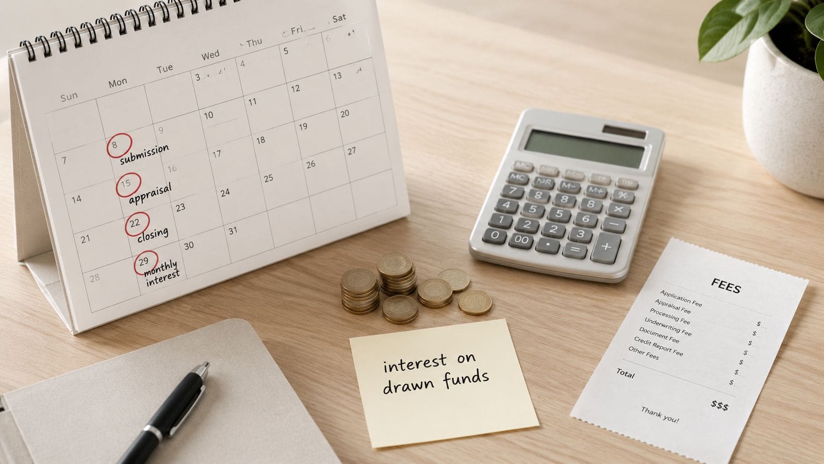 A desk with a calendar showing loan milestones, a calculator, coins, and a fee receipt.