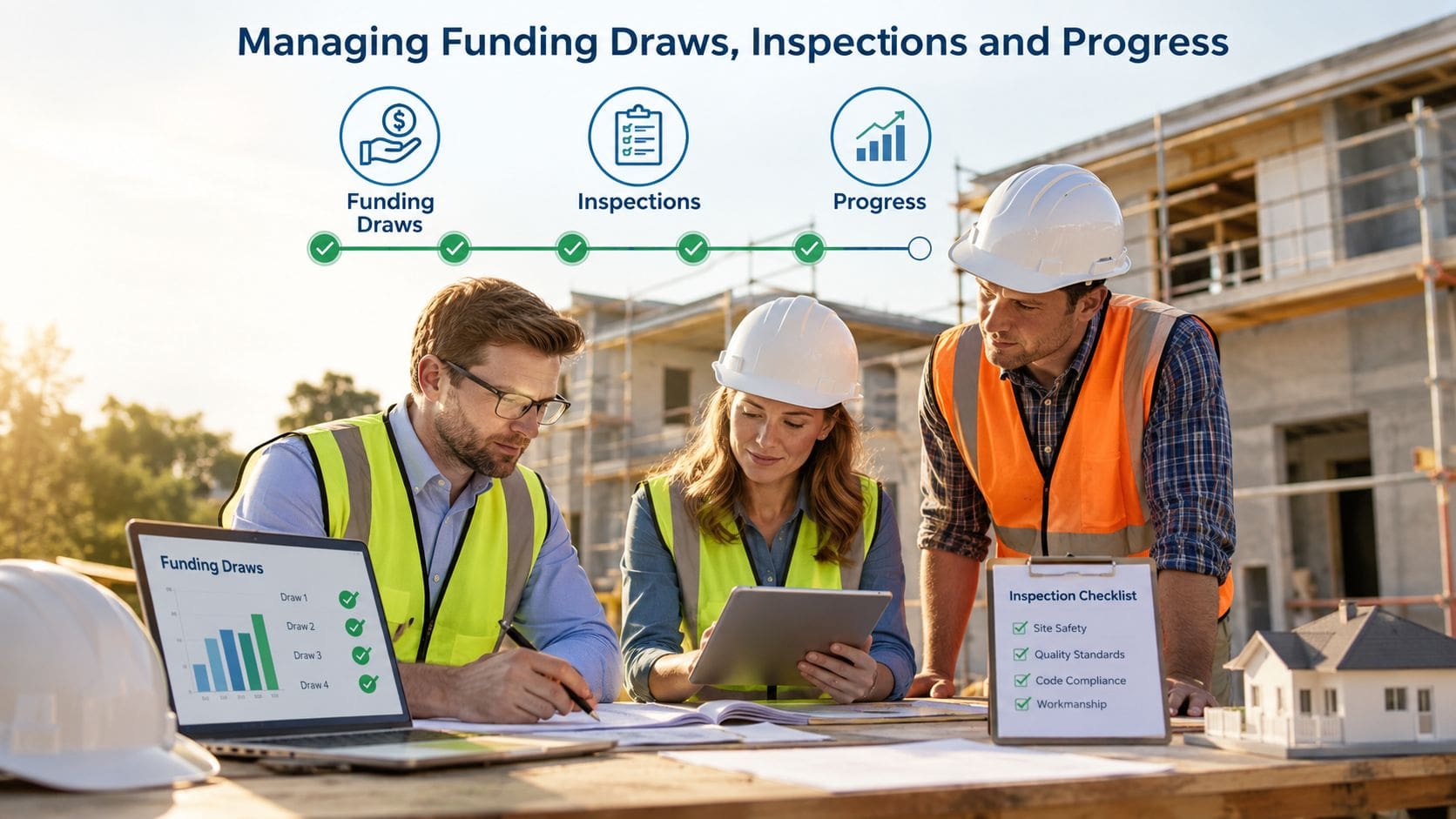 Construction professionals reviewing building progress, funding draws, and inspection checklists on a job site.