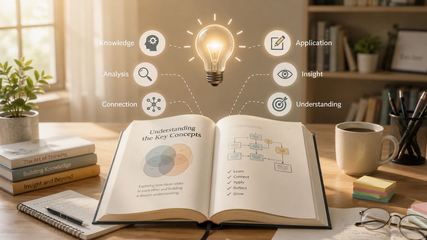 An open book on a wooden desk with a glowing lightbulb infographic showing learning concepts.