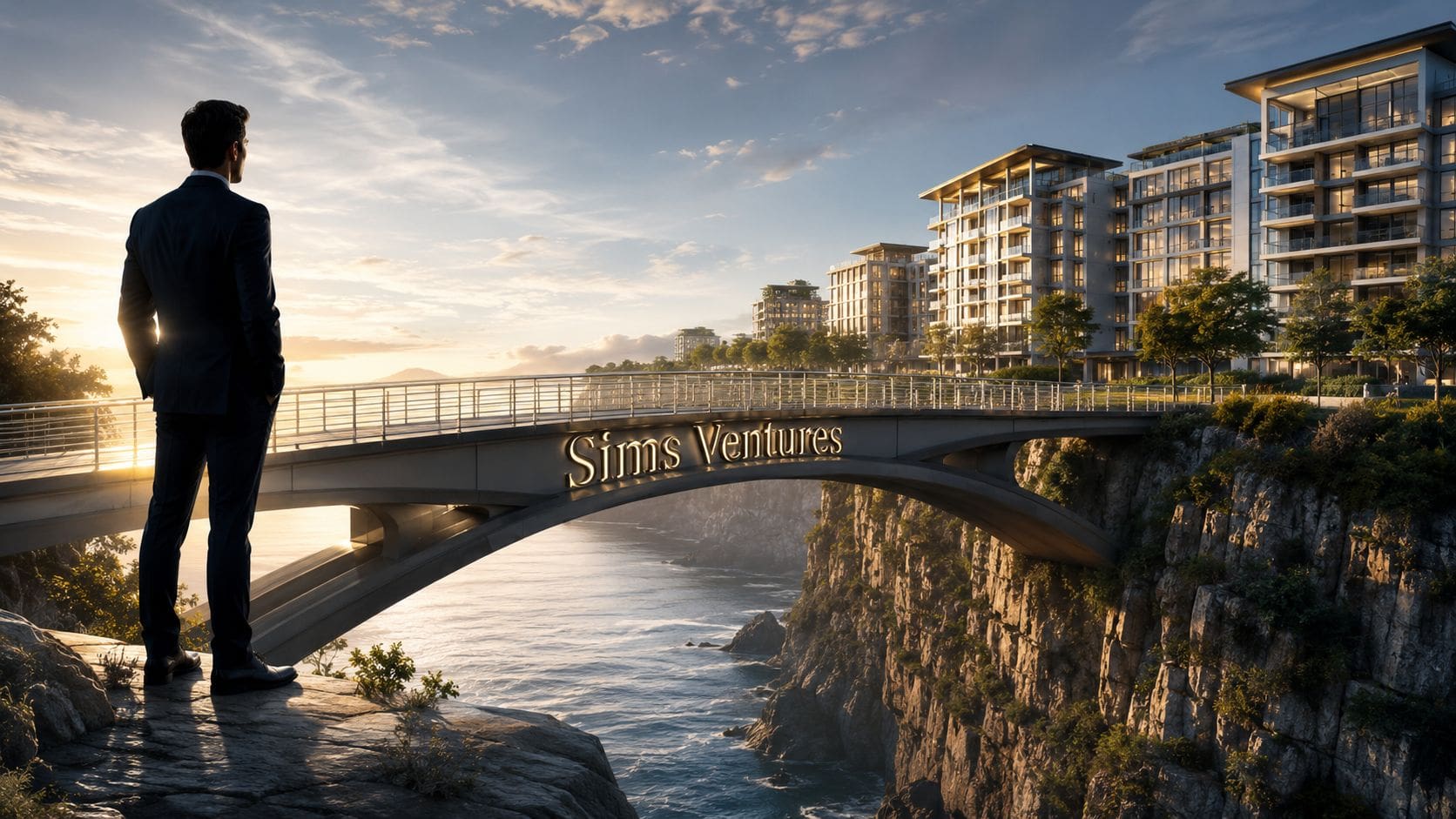 A man in a suit stands on a cliffside bridge overlooking modern luxury buildings at sunset.