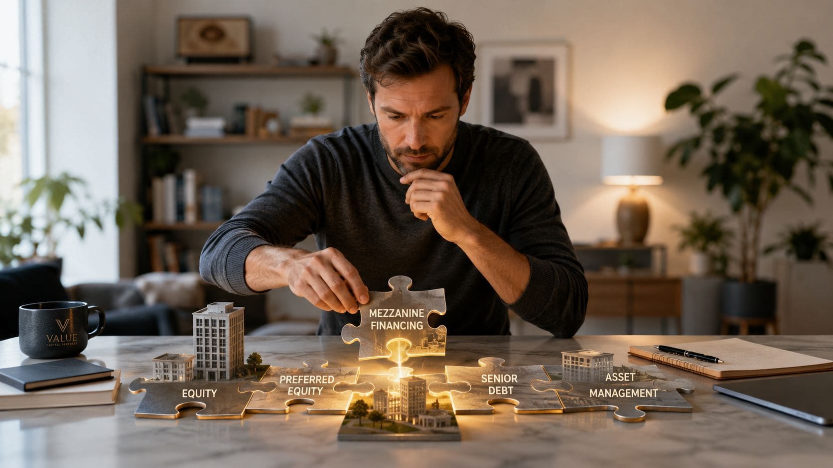 A professional man placing a puzzle piece labeled Mezzanine Financing into a complex real estate capital stack puzzle.