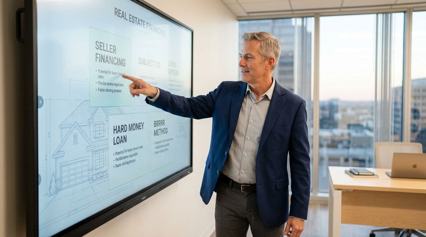 A professional man explaining real estate financing strategies on a large digital screen in an office.