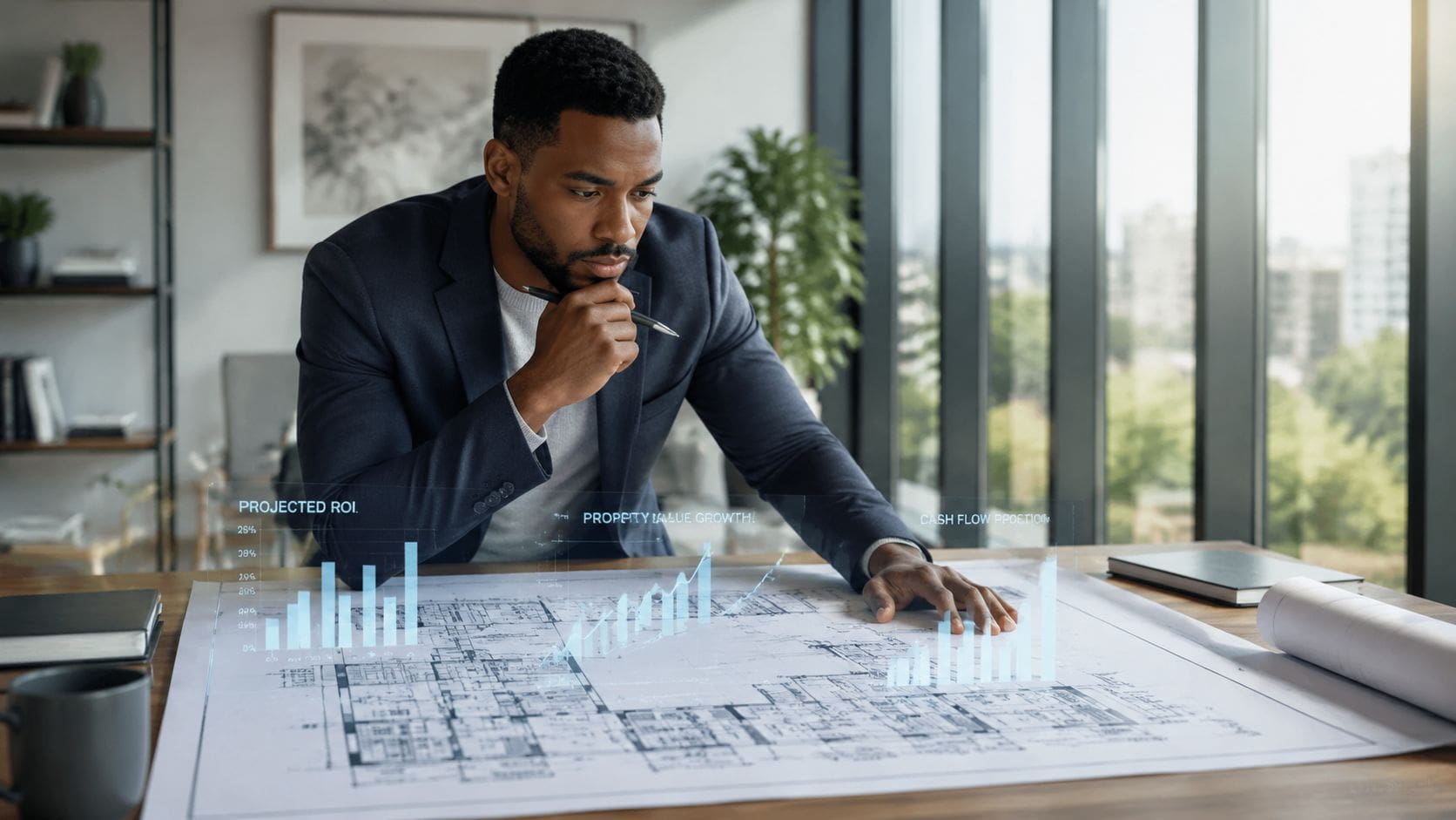 A professional man analyzing architectural blueprints with digital holographic financial projection charts on a wooden table.