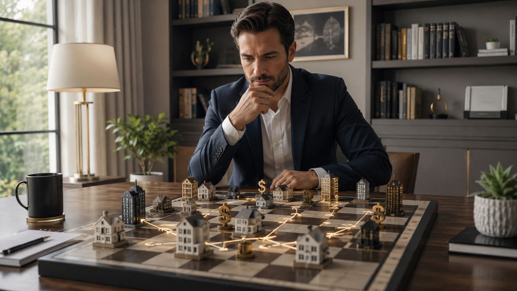 A professional man in a suit contemplating a chessboard with miniature buildings and dollar signs representing real estate investment.