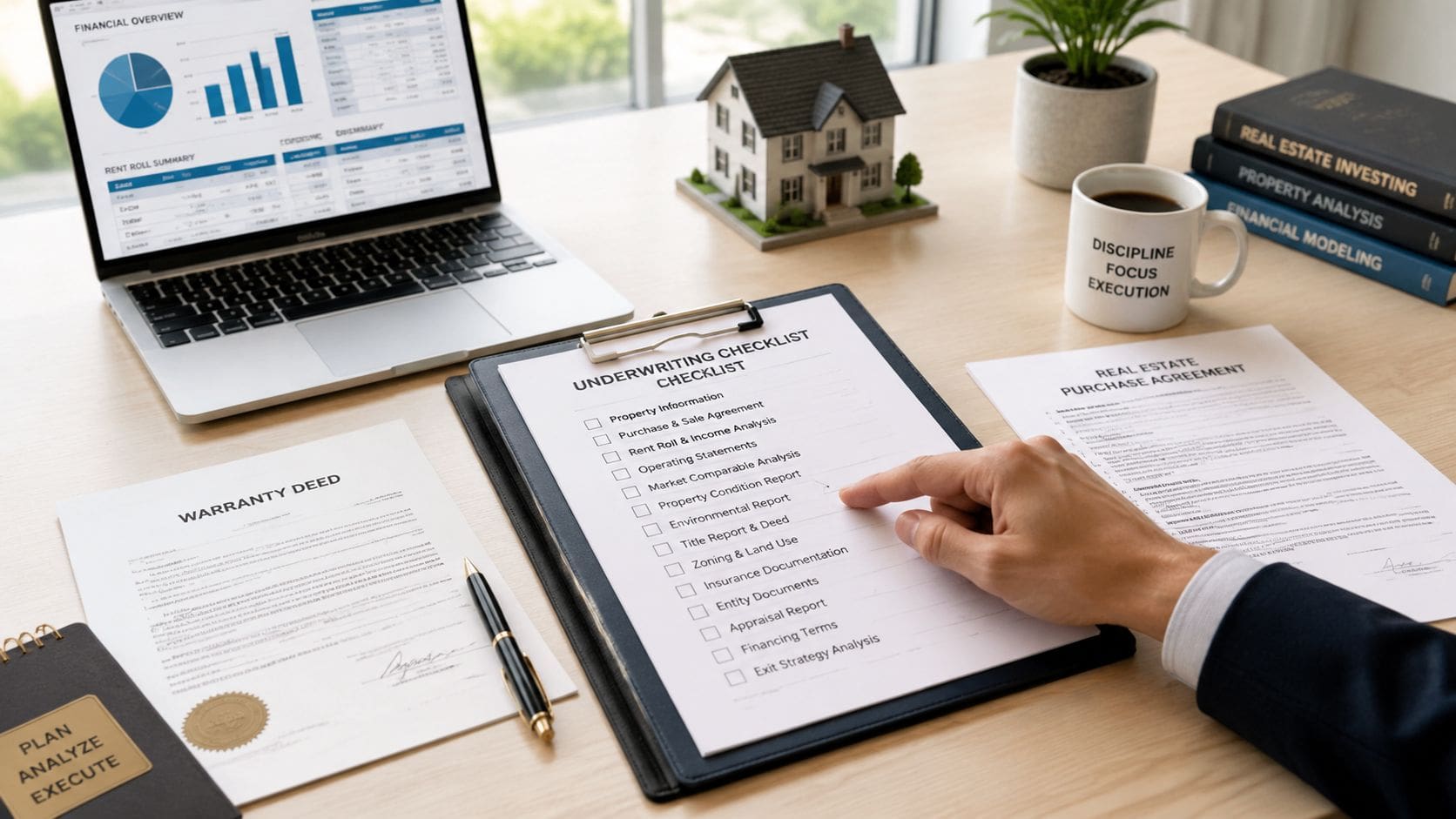 Professional real estate investor reviewing an underwriting checklist with documents on an office desk.