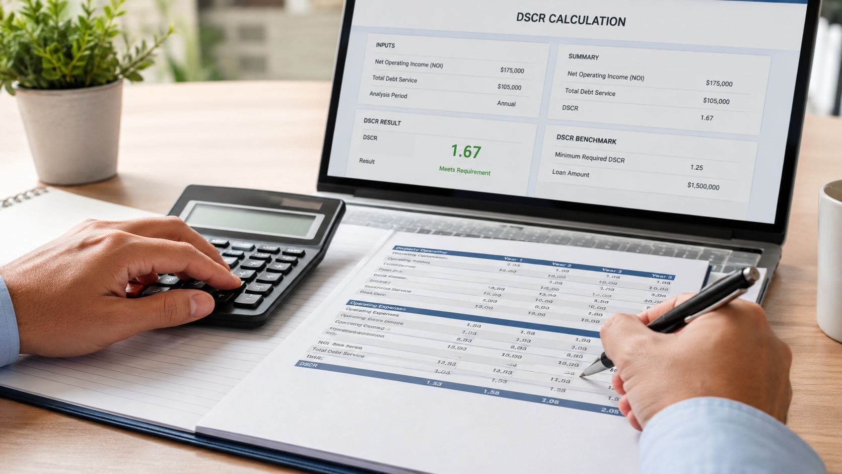 A person using a calculator and pen to analyze financial documents and a DSCR calculation laptop screen.