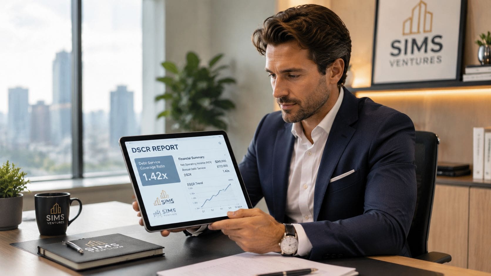A professional man holding a tablet displaying a DSCR financial report in a modern office setting.