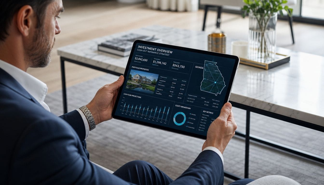 A professional man in a business suit reviewing real estate investment analytics on a digital tablet screen.