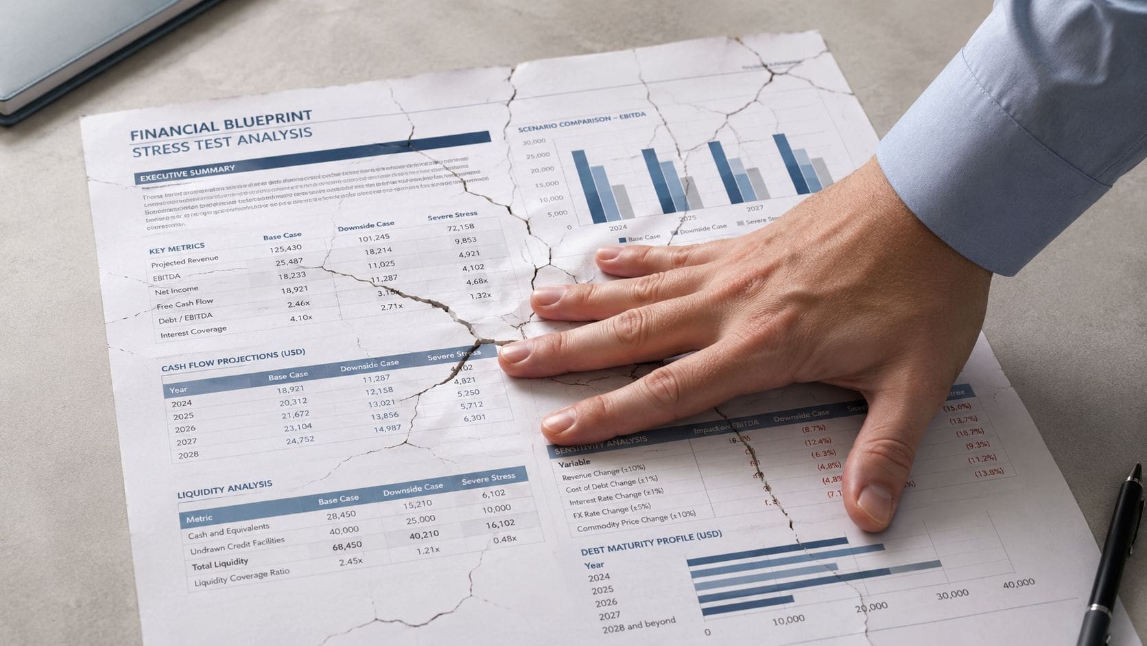 A hand presses down on a crumpled, cracked financial blueprint document containing stress test analysis tables and charts.