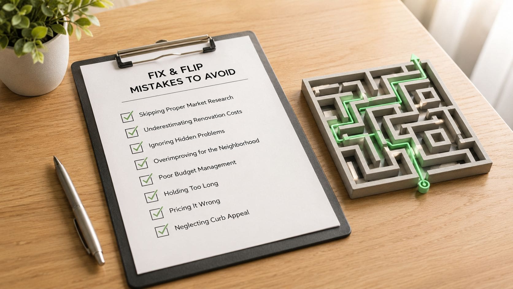 A clipboard with a checklist of real estate fix and flip mistakes next to a puzzle.