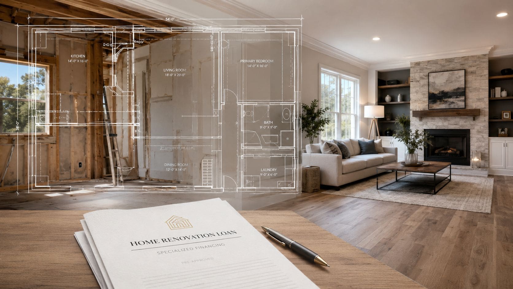 A home renovation loan application sits on a table in front of a house interior renovation design.