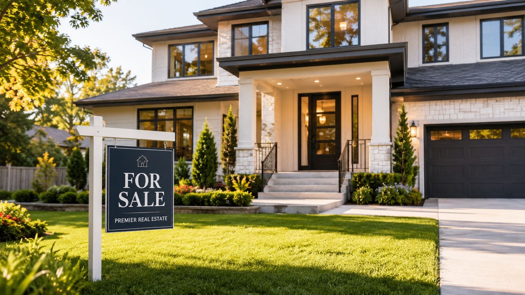 A modern two-story suburban house for sale with a green lawn and a real estate sign.