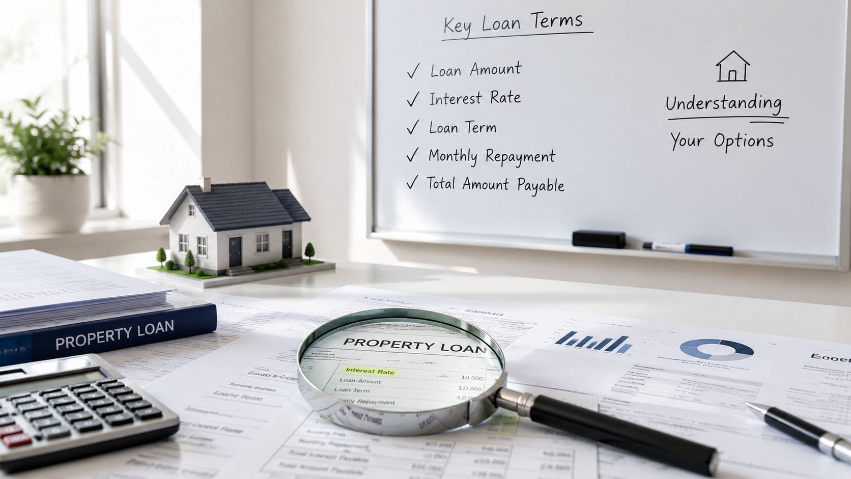 A magnifying glass focusing on property loan terms with a model house and a whiteboard in the background.