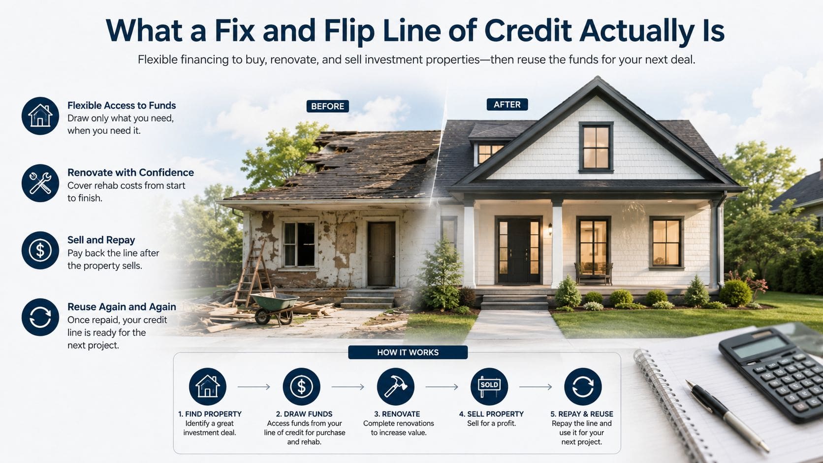 A diagram explaining how a fix and flip line of credit works for real estate investment properties.