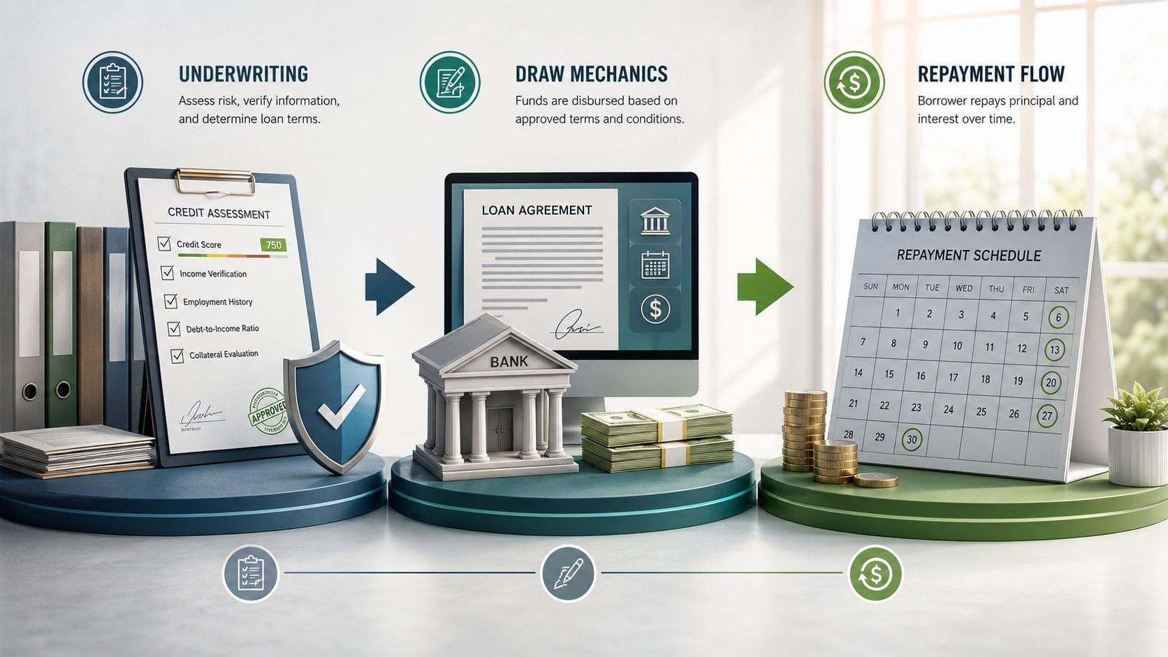 An infographic showing a three-step financial process: credit underwriting, loan disbursement, and the repayment schedule timeline.
