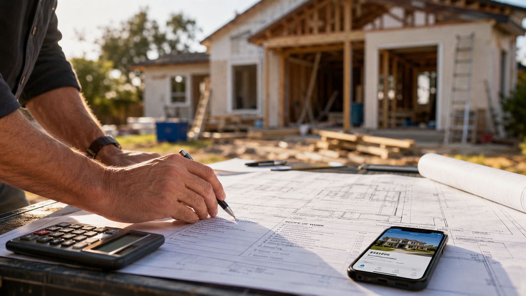 A construction manager reviewing building plans on a site with a partially built house in the background.