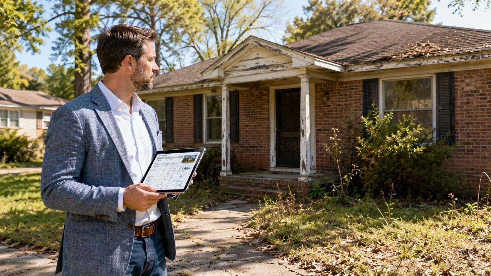 Real estate investor looking at a fixer-upper house while holding a tablet displaying property data.