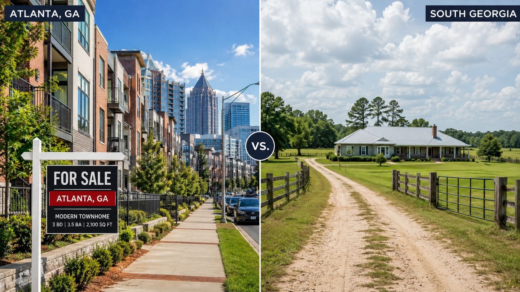 A split screen image comparing urban townhomes in Atlanta and a rural farmhouse in South Georgia.