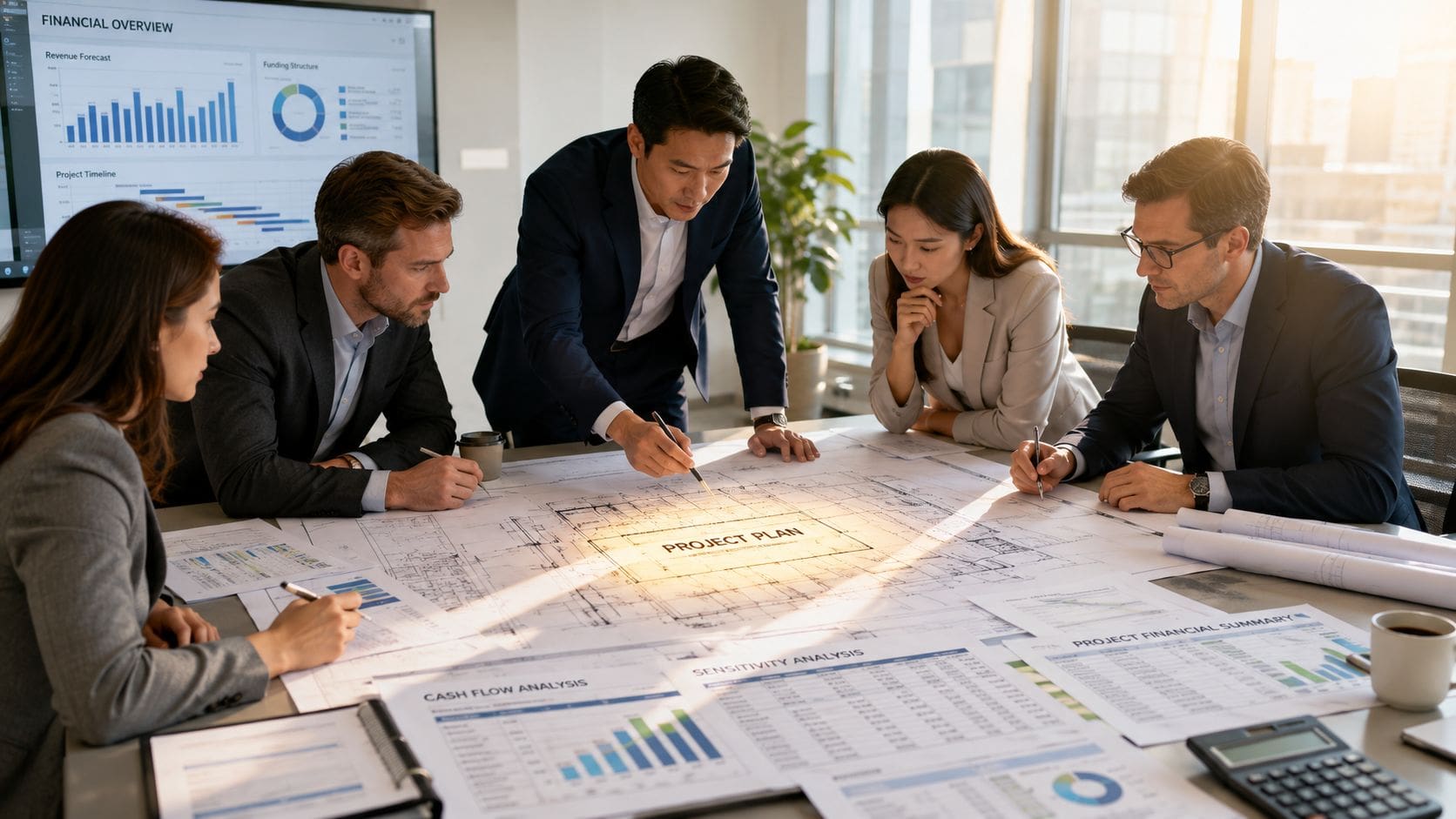 A professional team of business people collaborating over a project plan blueprint in a sunlit modern office.