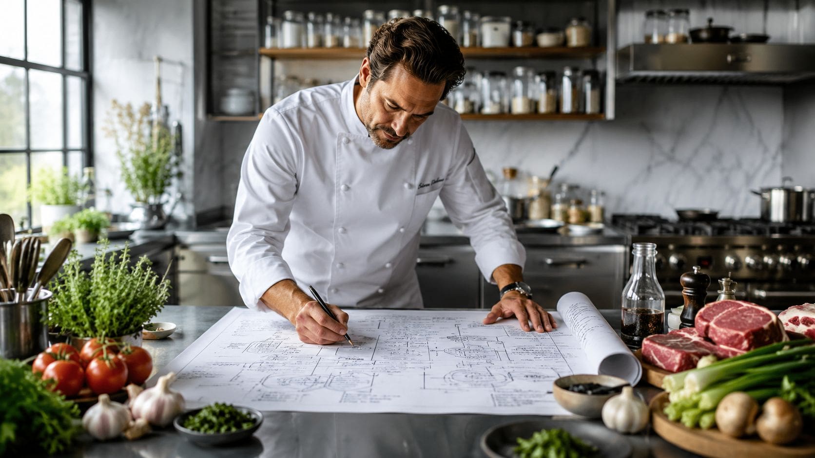 A professional chef meticulously drawing architectural kitchen blueprints on a large paper plan on a stainless counter.