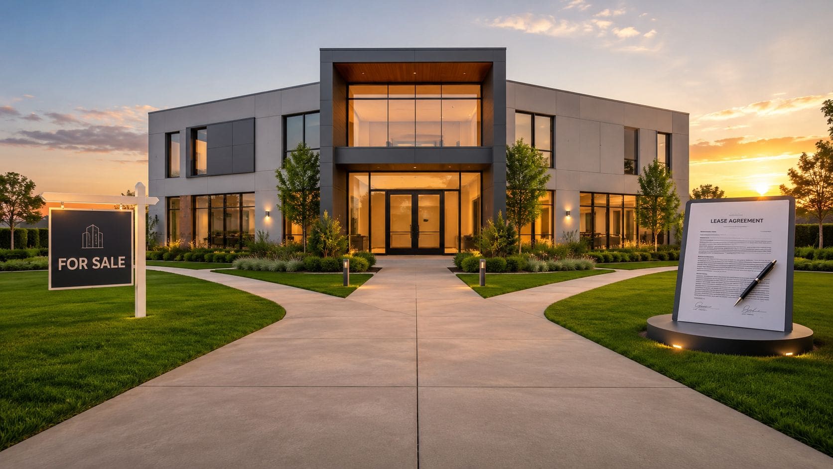A modern commercial building exterior at sunset with a for sale sign and lease agreement sign.