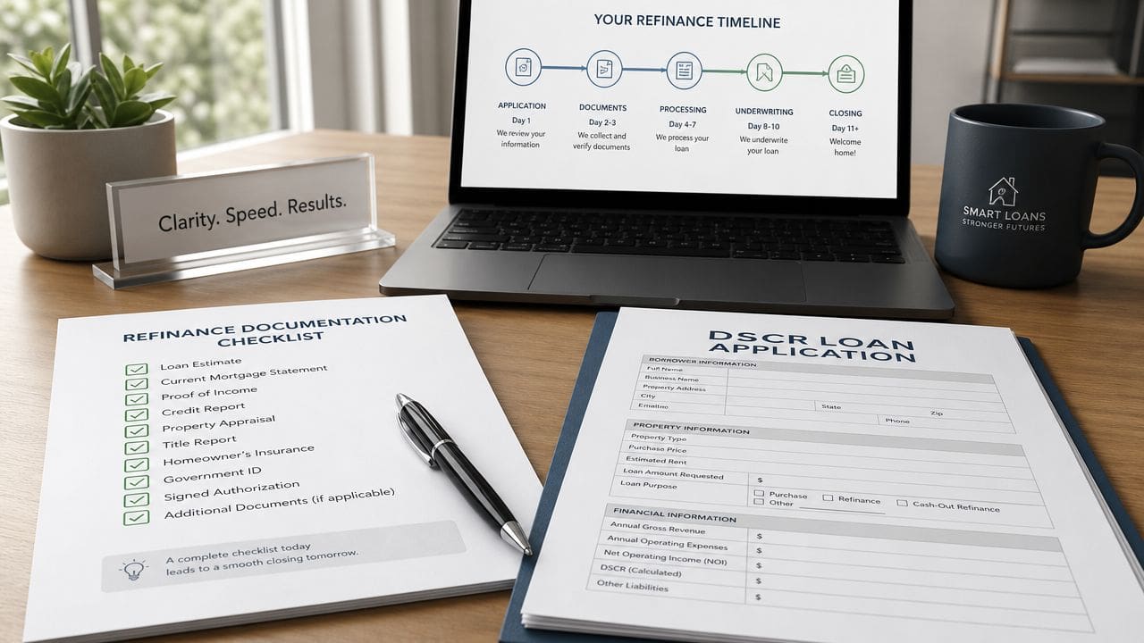 A professional workspace featuring refinance documents, a laptop display timeline, and a DSCR loan application form.