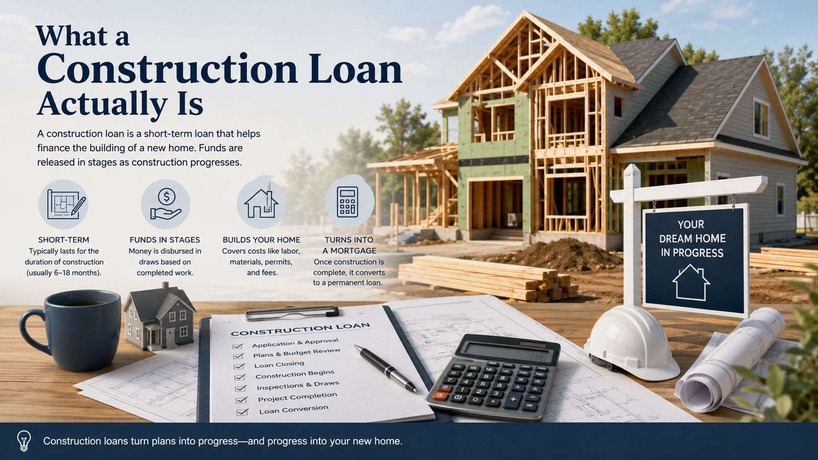 A construction loan infographic showing a house under construction, loan phases, and planning tools on a desk.