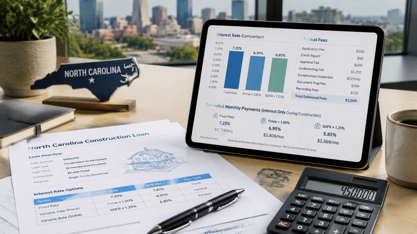Tablet displaying construction loan interest rates and fees next to a North Carolina construction loan document.