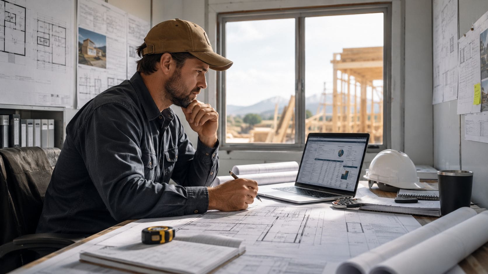 A professional construction project manager reviewing building plans and financial reports on a laptop in a site office.