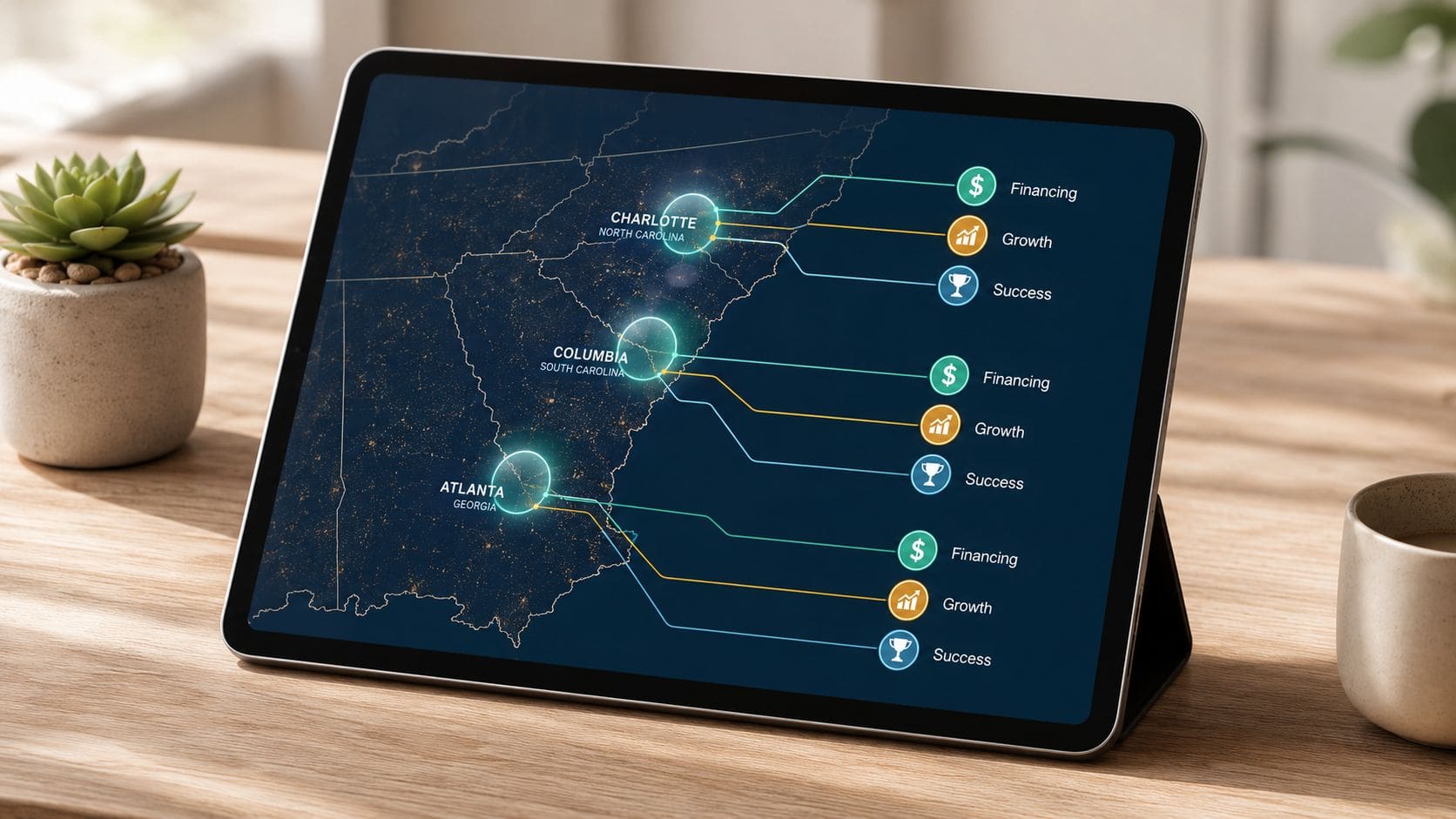 A digital tablet on a wooden desk showing a map with business data analytics for various cities.