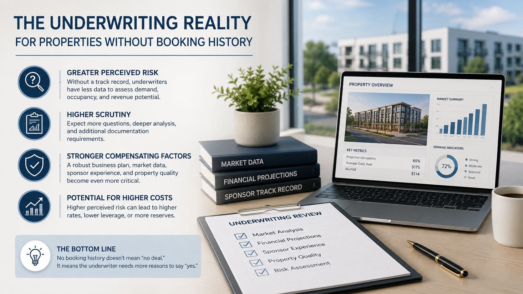 A professional infographic detailing the underwriting challenges and requirements for commercial properties without existing booking history.